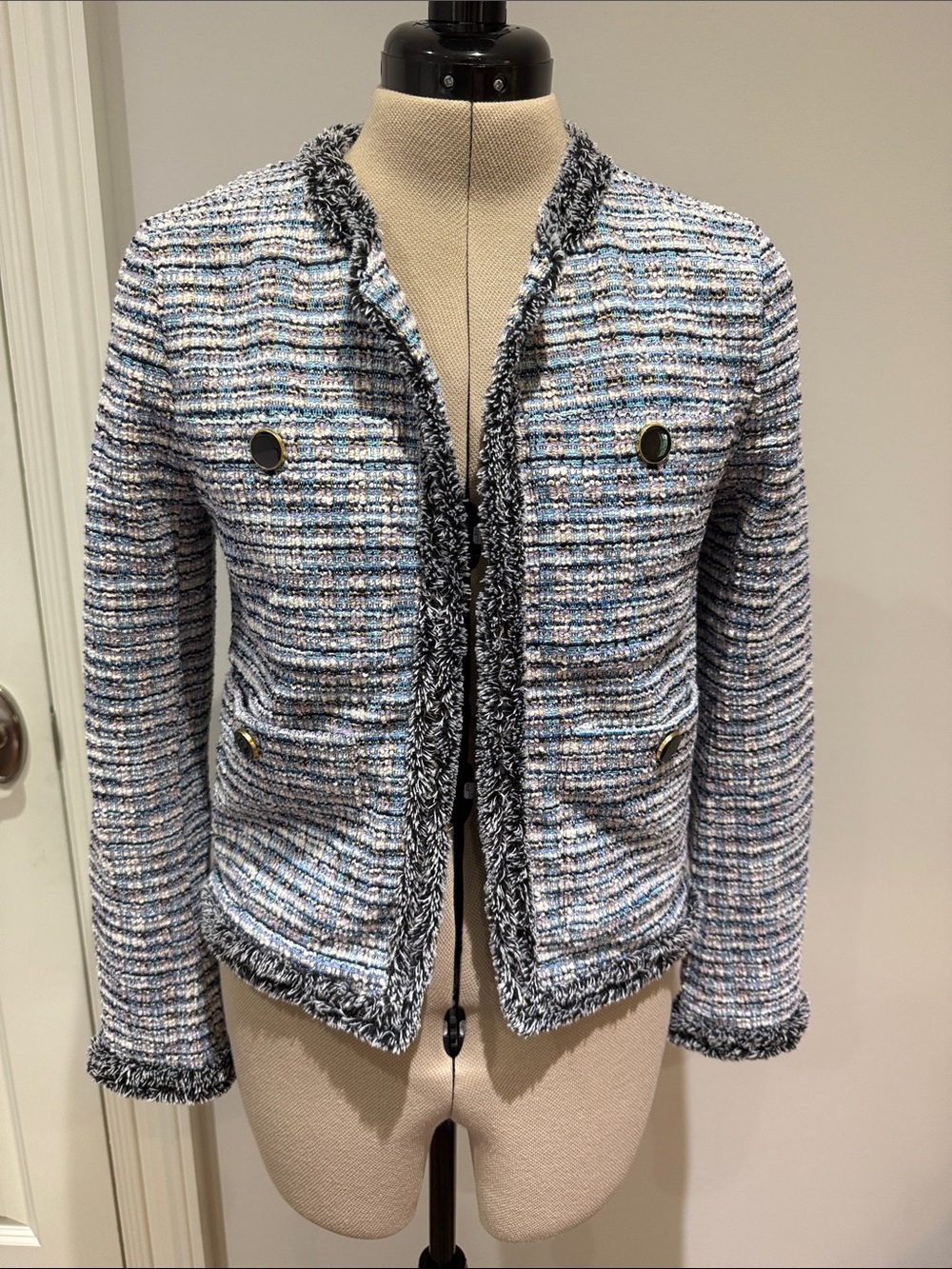 Cupcakes & Cashmere Textured Tweed Open-Front Jacket in Light Blue Black Trim XS